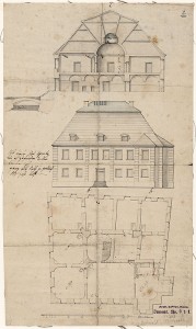 Projekt przebudowy pałacu w Bukowcu, ok. 1785–1795, rysunek piórkiem, akwarelowany, 39,5 × 32 x 2 cm, Herder-Institut Marburg, nr inw. 77 368